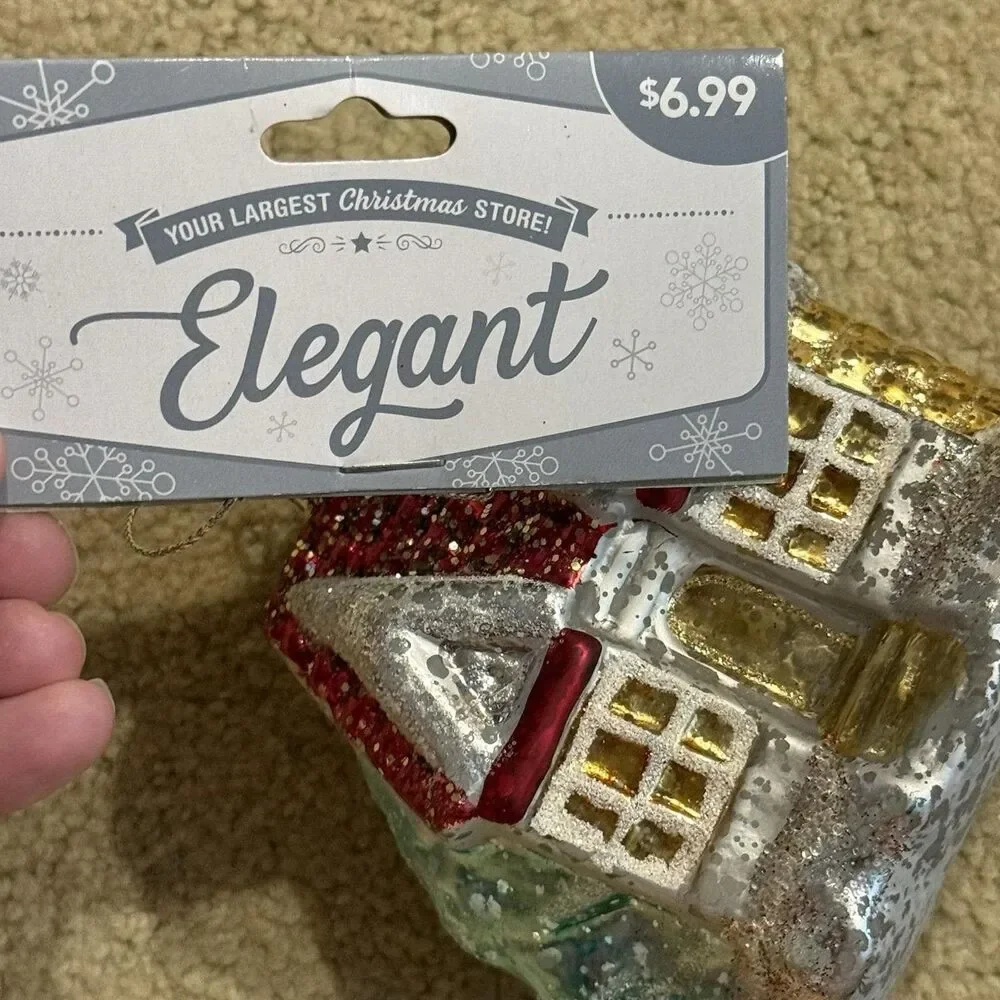 Vintage House Christmas Ornament Glass Glittered 4